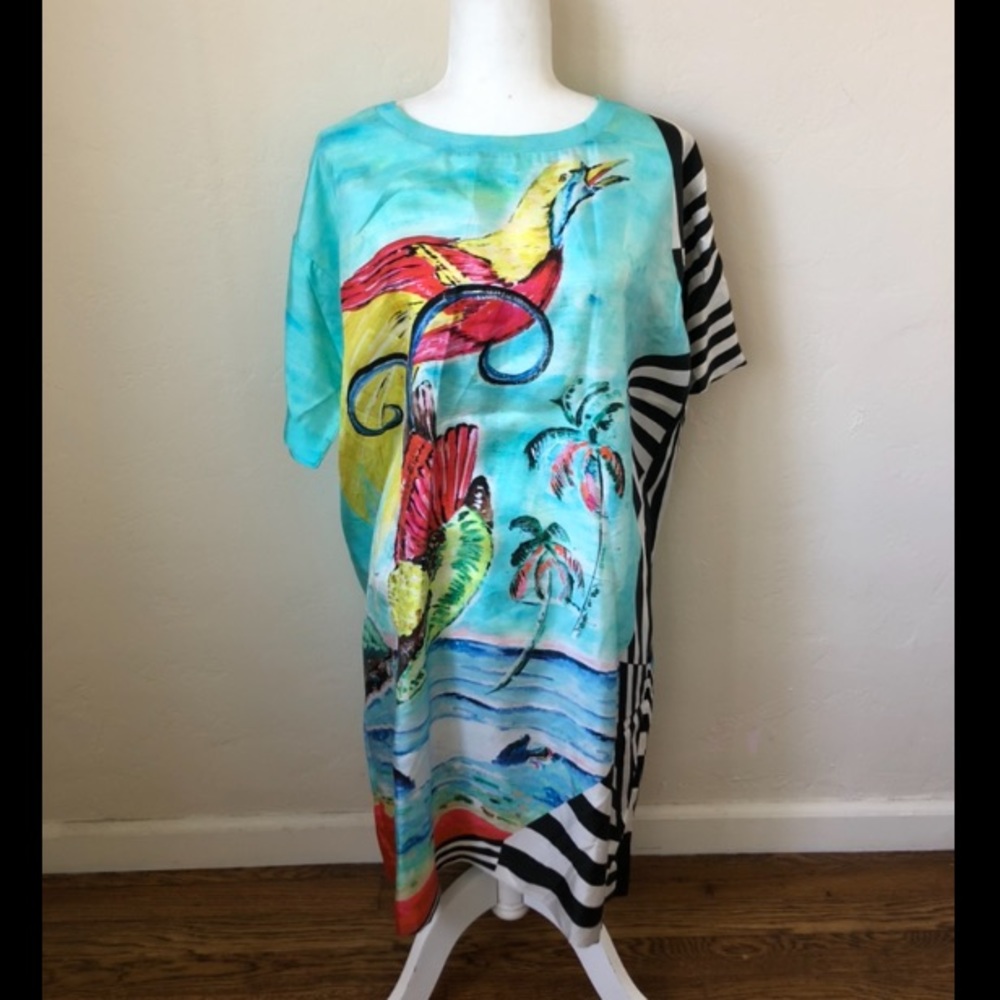Vintage turquoise watercolor bird painting print shift dress